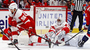 Mar 18, 2025; Washington, District of Columbia, USA; Detroit Red Wings left wing Carter Mazur (43) makes a save during the first period against the Washington Capitals at Capital One Arena. Mandatory Credit: Peter Casey-Imagn Images