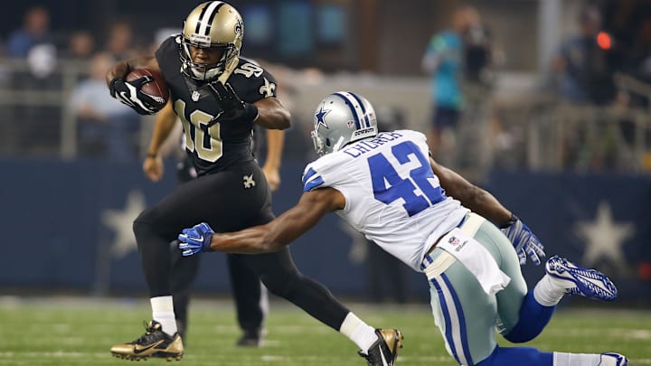 Sep 28, 2014; New Orleans Saints wide receiver Brandin Cooks (10) runs after a catch against the Dallas Cowboys 