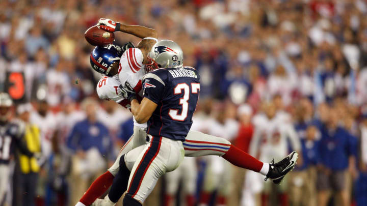Feb, 3, 2008; Glendale, AZ, USA; FILE PHJOTO;  New York Giants wide receiver David Tyree (85) hauls in a catch in the Super Bowl. Mandatory Credit: Robert Deutsch-USA TODAY Sports