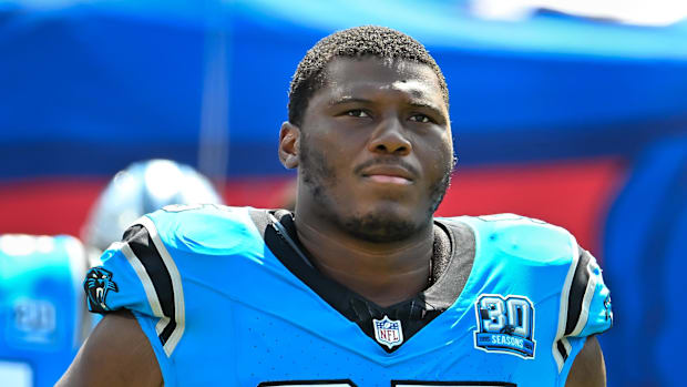 Carolina Panthers defensive end Derrick Brown (95) enters the field before a pre-season game against the Buffalo Bills