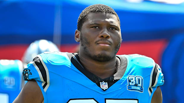 Carolina Panthers defensive end Derrick Brown (95) enters the field before a pre-season game against the Buffalo Bills