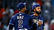 Tampa Bay Rays first baseman Yandy Diaz (2) and third baseman Junior Caminero (13) celebrate after a win. 