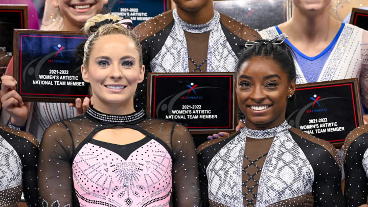 Gymnast MyKayla Skinner and USA gymnast Simone Biles pose for a photo after the US Championships at Dickies Arena. 