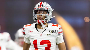 Jan 20, 2025; Atlanta, GA, USA; Ohio State Buckeyes wide receiver Bryson Rodgers (13) against the Notre Dame Fighting Irish during the CFP National Championship college football game at Mercedes-Benz Stadium. Mandatory Credit: Mark J. Rebilas-Imagn Images