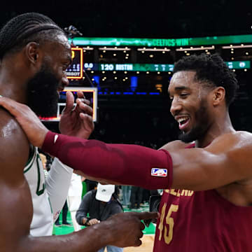 Dec 12, 2023; Boston, Massachusetts, USA; Boston Celtics guard Jaylen Brown (7) and Cleveland Cavaliers guard Donovan Mitchell (45) on the court after the game at TD Garden. Mandatory Credit: David Butler II-Imagn Images