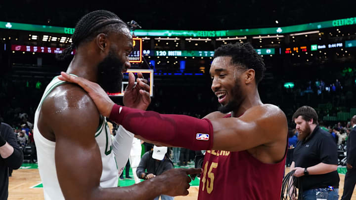 Dec 12, 2023; Boston, Massachusetts, USA; Boston Celtics guard Jaylen Brown (7) and Cleveland Cavaliers guard Donovan Mitchell (45) on the court after the game at TD Garden. Mandatory Credit: David Butler II-Imagn Images