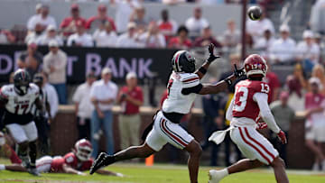 South Carolina Gamecocks defensive back Nick Emmanwori (7) intercepts a pass intended for Oklahoma Sooners wide receiver J.J. Hester (13) during a college football game between the University of Oklahoma Sooners (OU) and the South Carolina Gamecocks at Gaylord Family - Oklahoma Memorial Stadium in Norman, Okla., Saturday, Oct. 19, 2024.