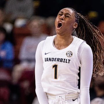 Mar 6, 2025; Greenville, SC, USA; Vanderbilt Commodores guard Mikayla Blakes (1) celebrates against the Tennessee Lady Vols during the first half at Bon Secours Wellness Arena. Mandatory Credit: Scott Kinser-Imagn Images