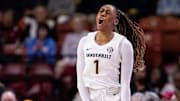 Vanderbilt Commodores guard Mikayla Blakes (1) celebrates against the Tennessee Lady Vols during the first half at Bon Secours Wellness Arena.