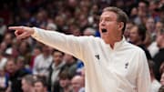 Jan 22, 2024; Lawrence, Kansas, USA; Kansas Jayhawks head coach Bill Self gestures to players against the Cincinnati Bearcats during the second half at Allen Fieldhouse. Mandatory Credit: Denny Medley-Imagn Images