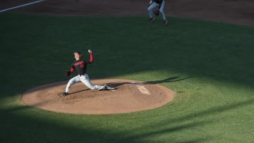 Jun 23, 2021; Omaha, Nebraska, USA; Stanford Cardinal pitcher Quinn Mathews (26) pitches to Vanderbilt Commodores in the third inning at TD Ameritrade Park. Mandatory Credit: Steven Branscombe-USA TODAY Sports