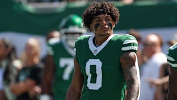 Sep 14, 2025; East Rutherford, New Jersey, USA; New York Jets running back Braelon Allen (0) before the game against the Buffalo Bills at MetLife Stadium. Mandatory Credit: Vincent Carchietta-Imagn Images