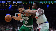 New York Knicks forward OG Anunoby defends against Boston Celtics forward Jayson Tatum in the 2025 NBA Playoffs