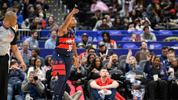 Mar 5, 2025; Washington, District of Columbia, USA; Washington Wizards guard Marcus Smart (36) reacts after making a shot during the fourth quarter against the Utah Jazz at Capital One Arena. Mandatory Credit: Reggie Hildred-Imagn Images