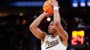 Purdue guard Myles Colvin (5) makes a jump shot against Tennessee 
