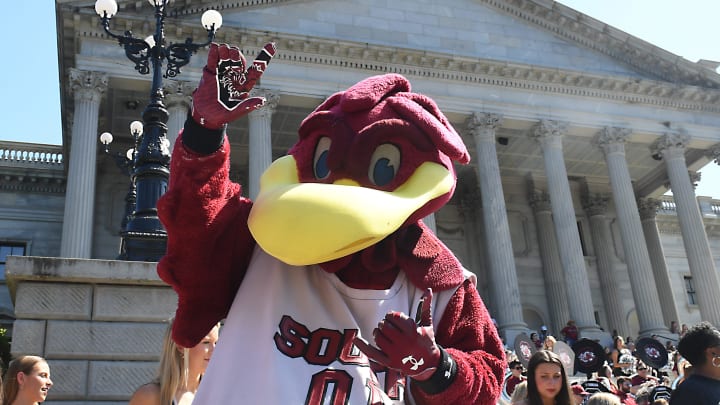 A parade to honor the University of South Carolina women's basketball NCAA national championship victory was held in downtown Columbia on April 14, 2024. Cocky greets fans on the steps of the capital.