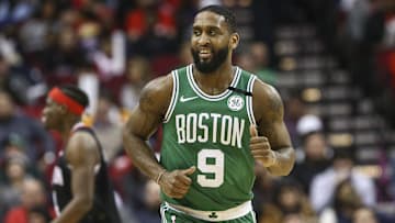 Feb 11, 2020; Houston, Texas, USA; Boston Celtics guard Brad Wanamaker (9) reacts after a play during the second quarter against the Houston Rockets at Toyota Center. Mandatory Credit: Troy Taormina-Imagn Images