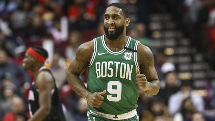 Feb 11, 2020; Houston, Texas, USA; Boston Celtics guard Brad Wanamaker (9) reacts after a play during the second quarter against the Houston Rockets at Toyota Center. Mandatory Credit: Troy Taormina-Imagn Images