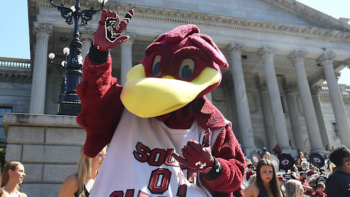 A parade to honor the University of South Carolina women's basketball NCAA national championship victory was held in downtown Columbia on April 14, 2024. Cocky greets fans on the steps of the capital.