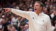 Jan 22, 2024; Lawrence, Kansas, USA; Kansas Jayhawks head coach Bill Self gestures to players against the Cincinnati Bearcats during the second half at Allen Fieldhouse