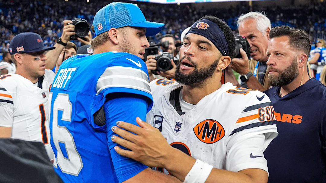 Detroit Lions quarterback Jared Goff (16) hugs Chicago Bears quarterback Caleb Williams (18) after 52-21 win over the Bears at Ford Field in Detroit on Sunday, Sept. 14, 2025.