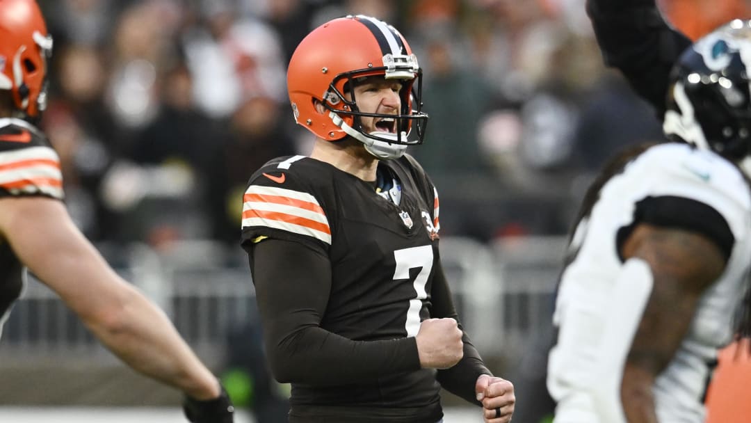 Dec 10, 2023; Cleveland, Ohio, USA; Cleveland Browns place kicker Dustin Hopkins (7) celebrates after kicking a field goal during the fourth quarter against the Jacksonville Jaguars at Cleveland Browns Stadium. Mandatory Credit: Ken Blaze-USA TODAY Sports