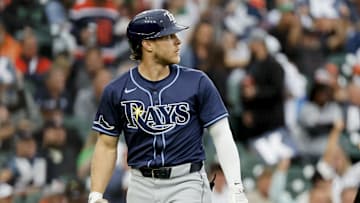 Sep 24, 2024; Detroit, Michigan, USA;  Tampa Bay Rays shortstop Taylor Walls (6) walks back to the dugout after striking out in the third inning against the Detroit Tigers at Comerica Park. Mandatory Credit: Rick Osentoski-Imagn Images