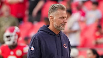 Aug 22, 2024; Kansas City, Missouri, USA; Chicago Bears head coach Matt Eberflus watches team warm ups against the Kansas City Chiefs prior to a game at GEHA Field at Arrowhead Stadium. Mandatory Credit: Denny Medley-Imagn Images