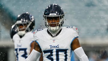 Dec 29, 2024; Jacksonville, Florida, USA; Tennessee Titans defensive back Kendell Brooks (30) before the game against the Jacksonville Jaguars at EverBank Stadium. Mandatory Credit: Morgan Tencza-Imagn Images