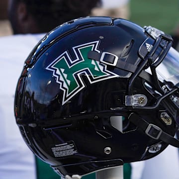 Nov 27, 2021; Laramie, Wyoming, USA; A general view of the Hawaii Rainbow Warriors football helmet during a game against the Wyoming Cowboys at Jonah Field at War Memorial Stadium. Mandatory Credit: Troy Babbitt-Imagn Images