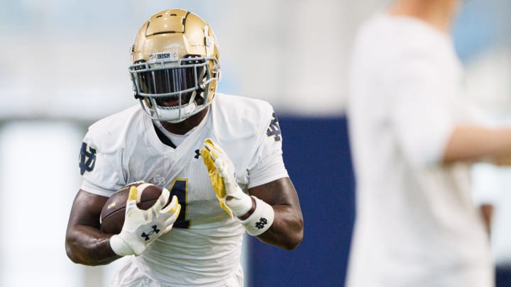 Notre Dame running back Jeremiyah Love participates in a drill during a Notre Dame football practice at Irish Athletic Center on Thursday, Aug. 15, 2024, in South Bend.