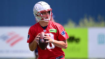 Jun 10, 2024; Foxborough, MA, USA; New England Patriots quarterback Drake Maye (10) throws a pass at minicamp at Gillette Stadium. Mandatory Credit: Eric Canha-USA TODAY Sports