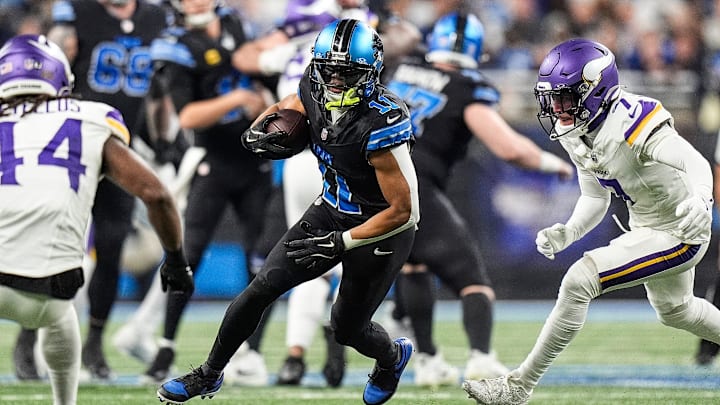 Detroit Lions wide receiver Kalif Raymond (11) runs against Minnesota Vikings cornerback Byron Murphy Jr. (7), right, and safety Josh Metellus (44) during the first half at Ford Field in Detroit on Sunday, Jan. 5, 2025. Detroit Lions wide receiver Kalif Raymond (11) runs against Minnesota Vikings cornerback Byron Murphy Jr. (7), right, and safety Josh Metellus (44) during the first half at Ford Field in Detroit on Sunday, Jan. 5, 2025.