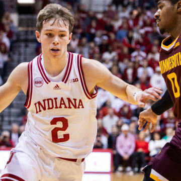 Indiana Hoosiers guard Gabe Cupps (2) drives against Minnesota at Simon Skjodt Assembly Hall. 