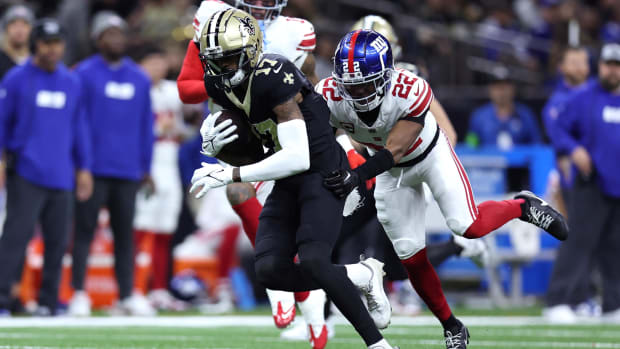 New Orleans Saints wide receiver A.T. Perry (17) after a catch against the New York Giants 