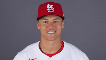 Feb 20, 2025; Jupiter, FL, USA;  St. Louis Cardinals infielder JJ Wetherholt (87). Mandatory Credit: Jim Rassol-Imagn Images