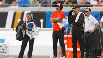 Sep 15, 2024; Jacksonville, Florida, USA; Cleveland Browns head coach Kevin Stefanski watches the game against the Jacksonville Jaguars during the third quarter at EverBank Stadium. Mandatory Credit: Morgan Tencza-Imagn Images
