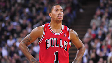December 29, 2011; Sacramento, CA, USA; Chicago Bulls point guard Derrick Rose (1) rests between plays during the third quarter against the Sacramento Kings at Power Balance Pavilion. The Bulls defeated the Kings 108-98. Mandatory Credit: Kyle Terada-Imagn Images