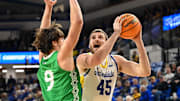South Dakota State Jackrabbits center Oscar Cluff (45) shoots the ball 
