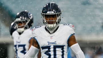 Dec 29, 2024; Jacksonville, Florida, USA; Tennessee Titans defensive back Kendell Brooks (30) before the game against the Jacksonville Jaguars at EverBank Stadium. Mandatory Credit: Morgan Tencza-Imagn Images