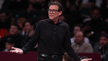 Atlanta Hawks head coach Quin Snyder reacts during the second half against the Brooklyn Nets at Barclays Center
