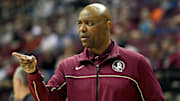 Feb 8, 2023; Tallahassee, Florida, USA; Florida State Seminoles head coach Leonard Hamilton speaks to his players on the court during the first half against the Syracuse Orange at Donald L. Tucker Center. Mandatory Credit: Melina Myers-Imagn Images