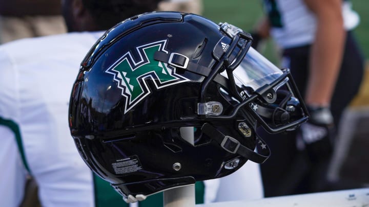 Nov 27, 2021; Laramie, Wyoming, USA; A general view of the Hawaii Rainbow Warriors football helmet during a game against the Wyoming Cowboys at Jonah Field at War Memorial Stadium. Mandatory Credit: Troy Babbitt-USA TODAY Sports