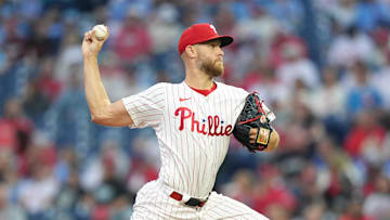 Jun 9, 2025; Philadelphia, Pennsylvania, USA; Philadelphia Phillies starting pitcher Zack Wheeler (45) throws a pitch agianst the Chicago Cubs in the first inning at Citizens Bank Park. 