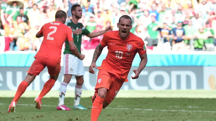 Wesley Sneijder celebrating vs. Mexico.