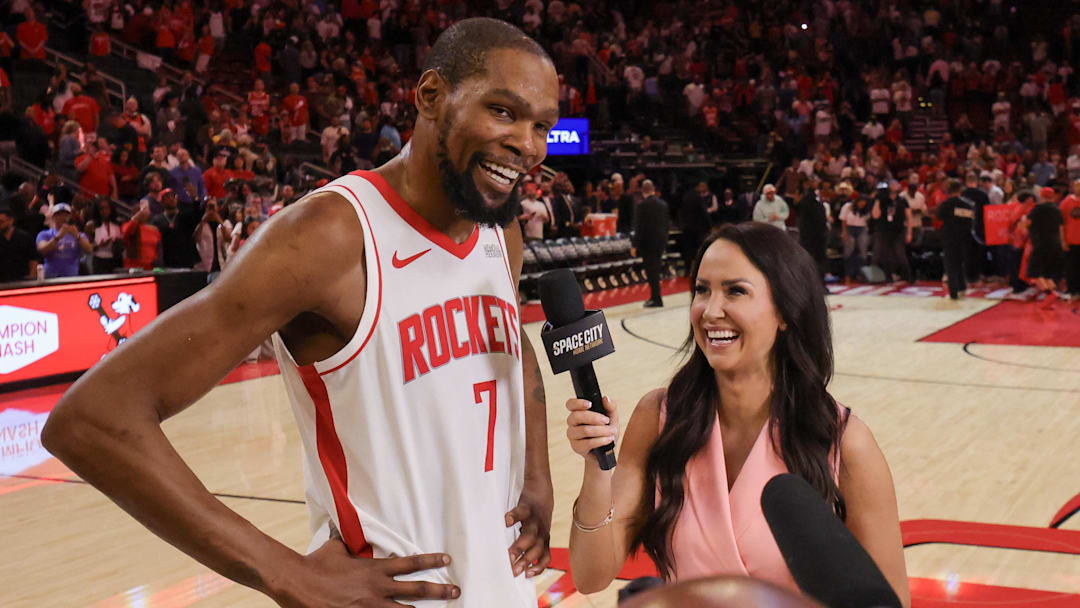 Mar 21, 2026; Houston, Texas, USA; Houston Rockets forward Kevin Durant (7) is interviewed after he became the 5th highest point leader in NBA history after the game against the Miami Heat at Toyota Center. Mandatory Credit: Thomas Shea-Imagn Images