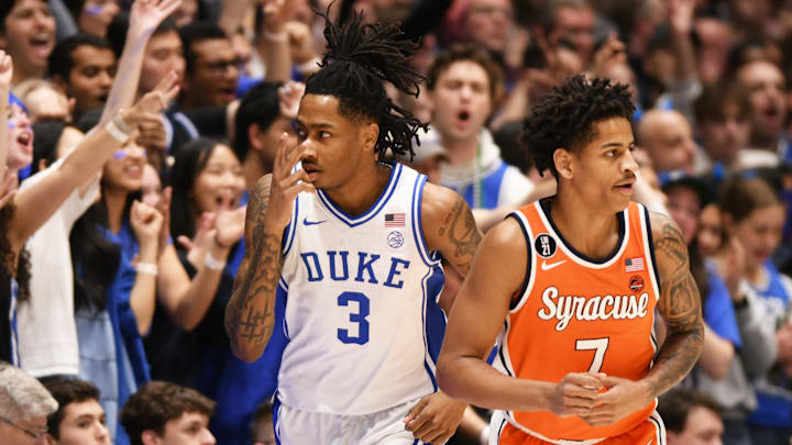 Feb 16, 2026; Durham, North Carolina, USA;  Duke basketball guard Isaiah Evans (3) reacts after scoring against the Syracuse Orange during the during the first half at Cameron Indoor Stadium. 