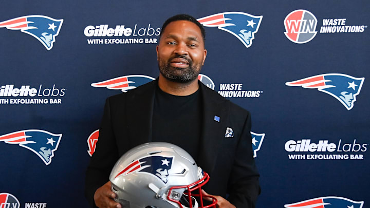 Jan 17, 2024; Foxborough, MA, USA; New England Patriots head coach Jerod Mayo poses for a photo at a