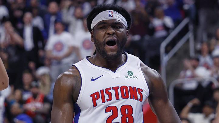 Apr 22, 2026; Detroit, Michigan, USA; Detroit Pistons forward Isaiah Stewart (28) reacts during the second half against the Orlando Magic during game two of the first round of the 2026 NBA Playoffs at Little Caesars Arena. Mandatory Credit: Rick Osentoski-Imagn Images