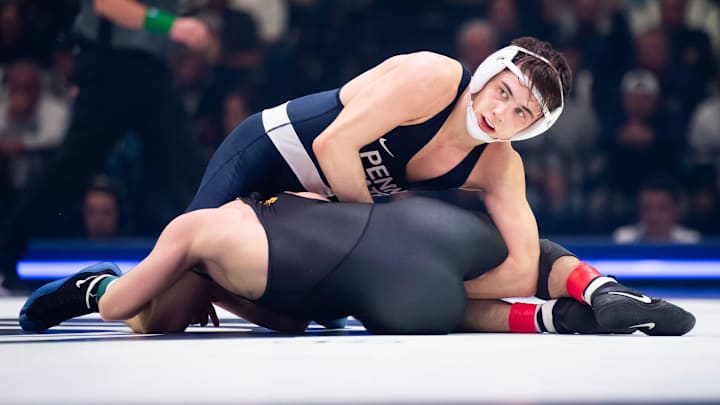 Penn State’s Luke Lilledahl, top, wrestles Iowa's Joey Cruz in a big Ten Conference match at Bryce Jordan Center. Penn State’s Luke Lilledahl, top, wrestles Iowa's Joey Cruz in a big Ten Conference match at Bryce Jordan Center.